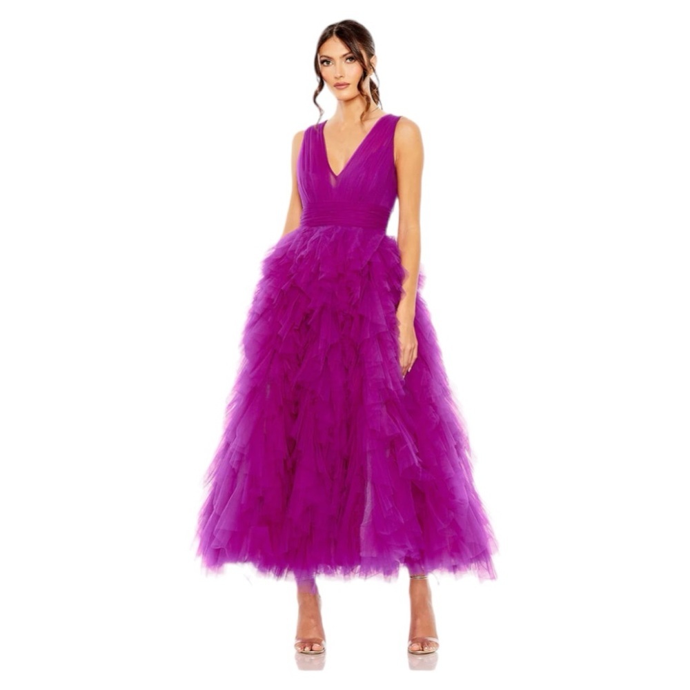 COPY - NWT MAC DUGGAL RUFFLED CAP SLEEVE V-NECK A LINE TULLE DRESS Fuchsia